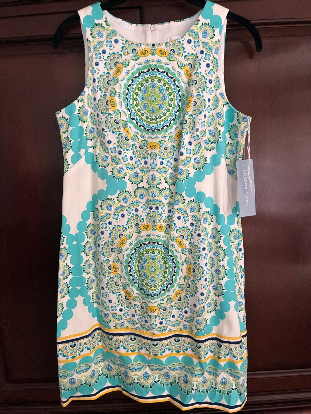 London Times White, Turquoise & Yellow Medallion Sleeveless Dress